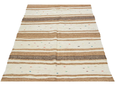 Beige Vintage Kilim Handmade Flatweave Striped Motif Wool Runner