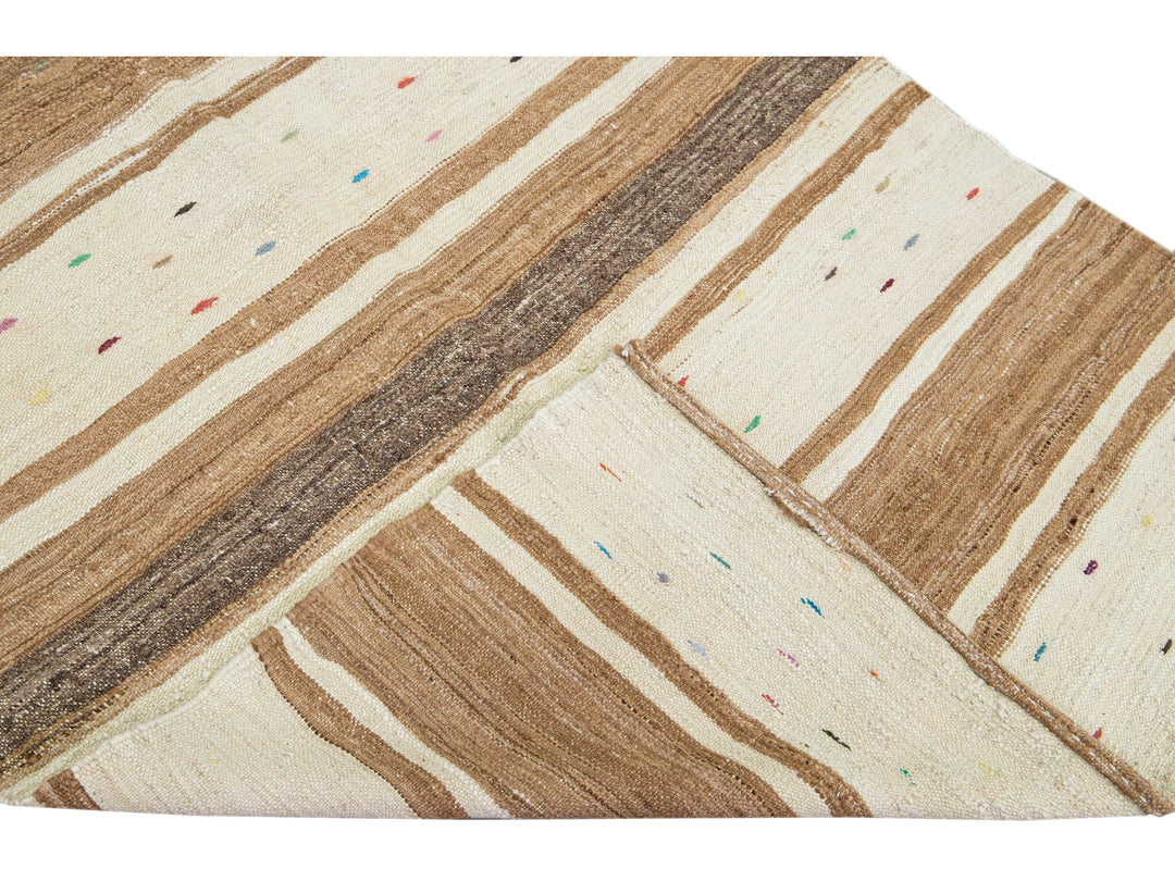 Beige Vintage Kilim Handmade Flatweave Striped Motif Wool Runner