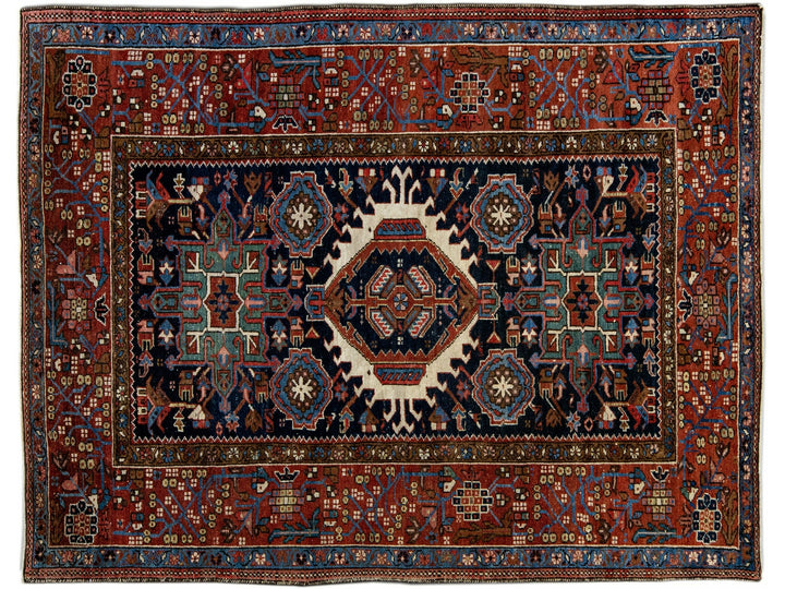  Antique Heriz Handmade Medallion Blue and Red Wool Rug