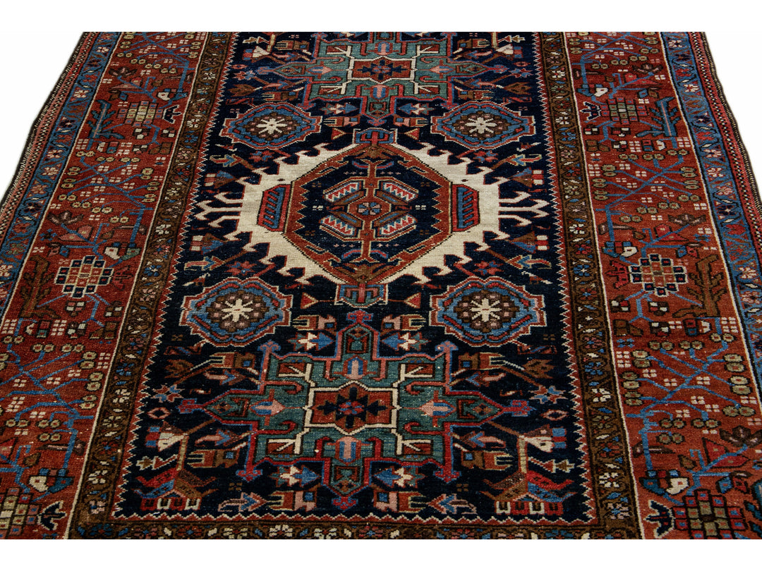  Antique Heriz Handmade Medallion Blue and Red Wool Rug