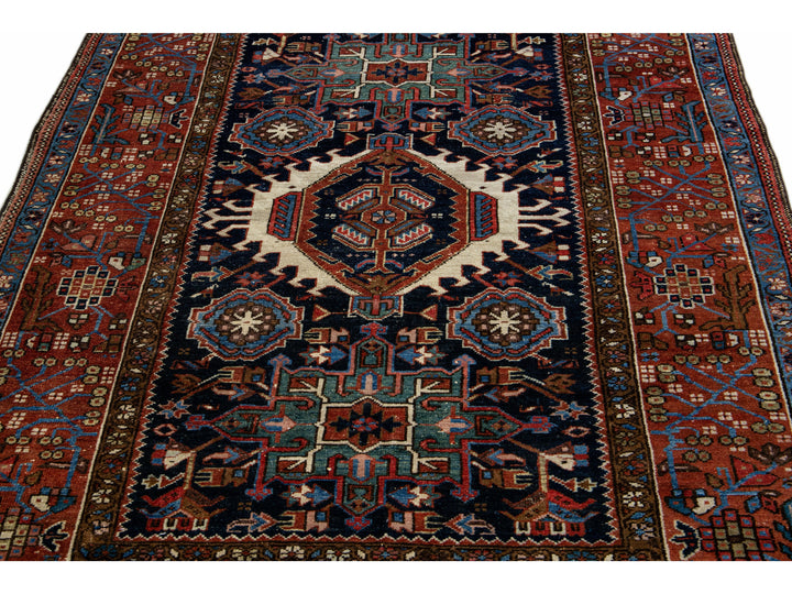  Antique Heriz Handmade Medallion Blue and Red Wool Rug