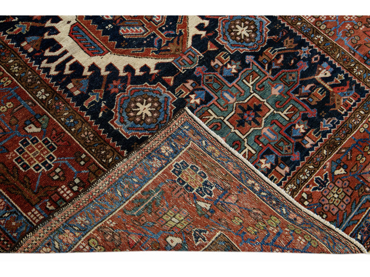  Antique Heriz Handmade Medallion Blue and Red Wool Rug