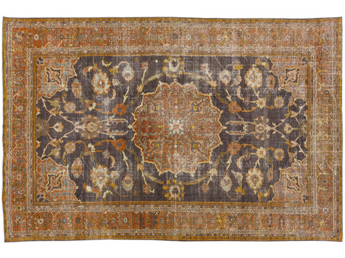 Antique Persian Mahal Handmade Grey & Orange Wool Rug with Medallion Design