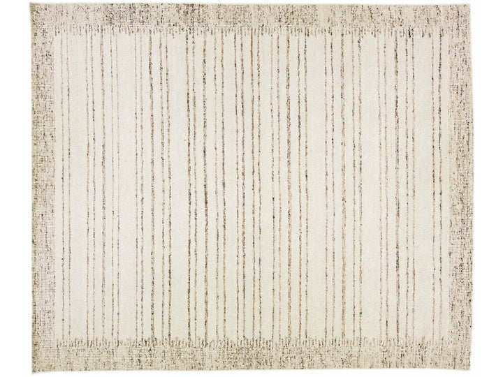 Modern Moroccan Style Beige Handmade Oversize Wool Rug With Stripe Motif