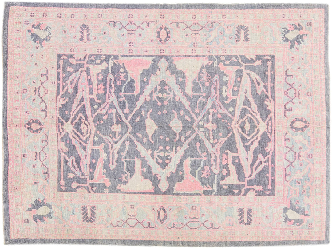 Modern Turkish Oushak Handmade Gray & Pink Wool Rug With Floral Design