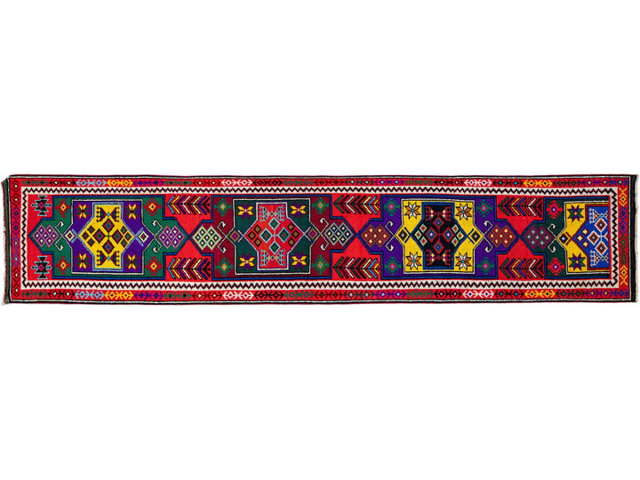 Vintage Turkish Handmade Multicolor Tribal Pattern Red Wool Runner