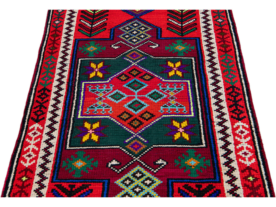 Vintage Turkish Handmade Multicolor Tribal Pattern Red Wool Runner