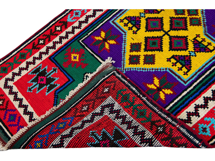 Vintage Turkish Handmade Multicolor Tribal Pattern Red Wool Runner