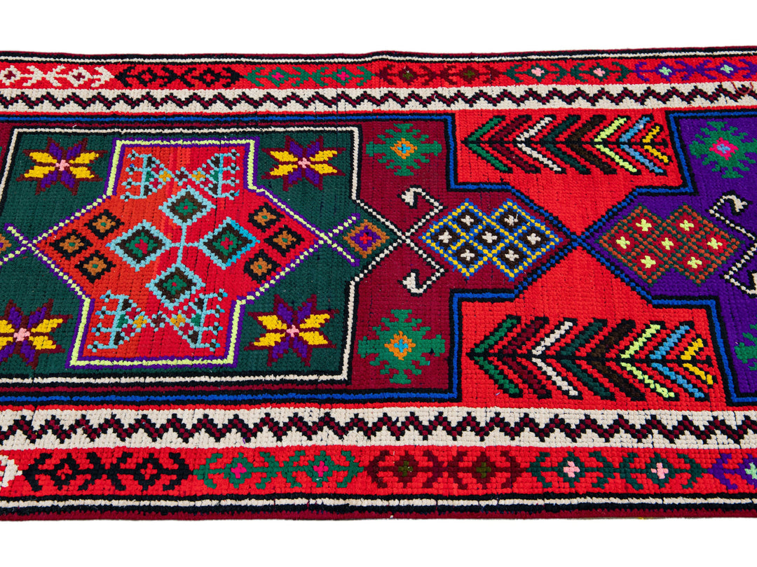 Vintage Turkish Handmade Multicolor Tribal Pattern Red Wool Runner