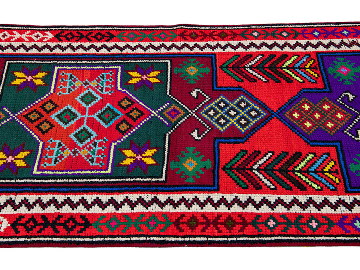 Vintage Turkish Handmade Multicolor Tribal Pattern Red Wool Runner