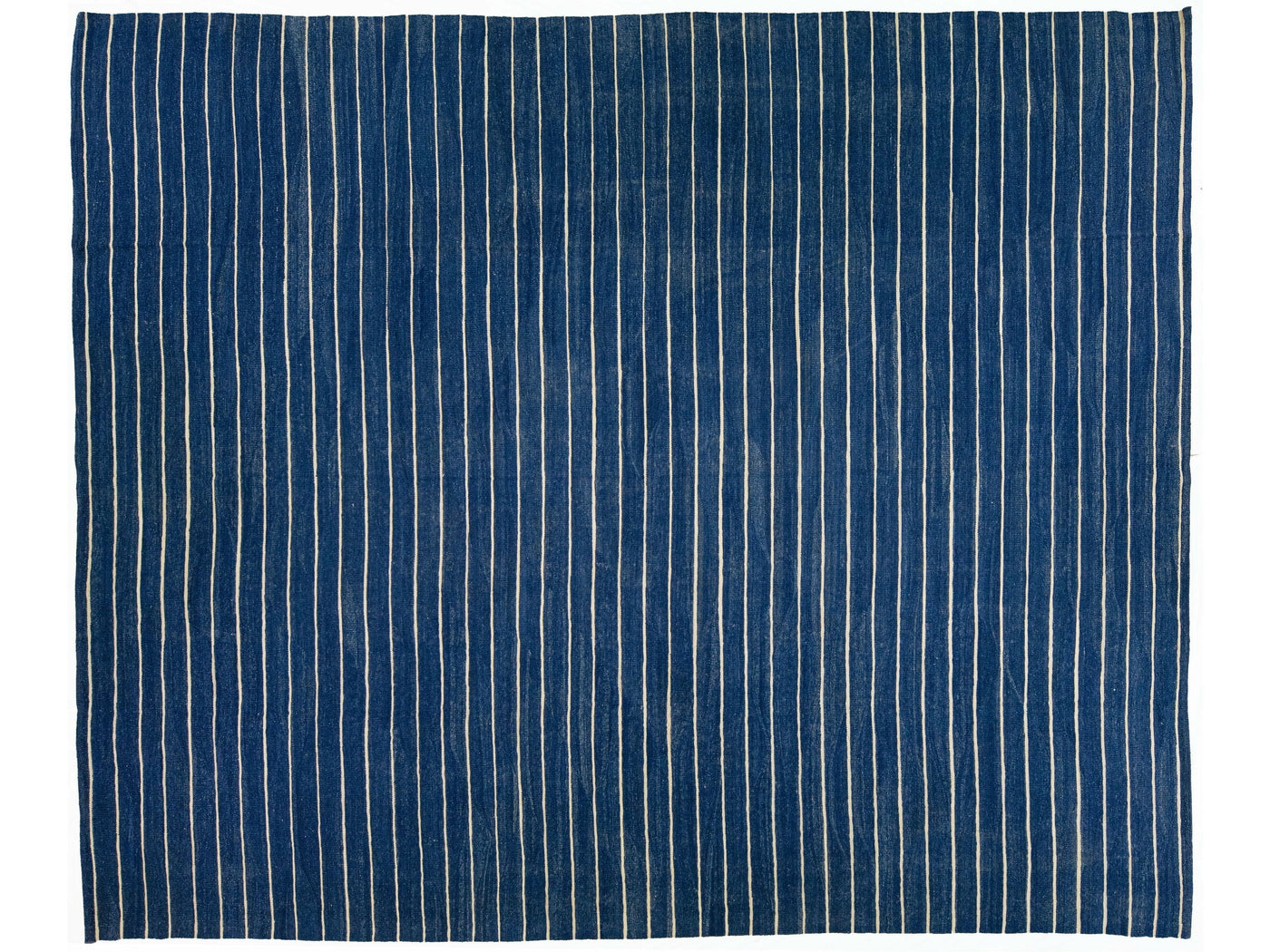 Modern Kilim Flat-Weave Navy Blue Oversize Wool Rug with Stripe Pattern