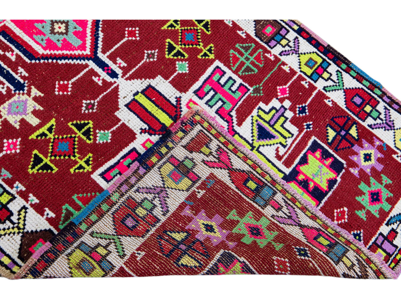 Vintage Red Turkish Handmade Multicolor Geometric Pattern Wool Runner