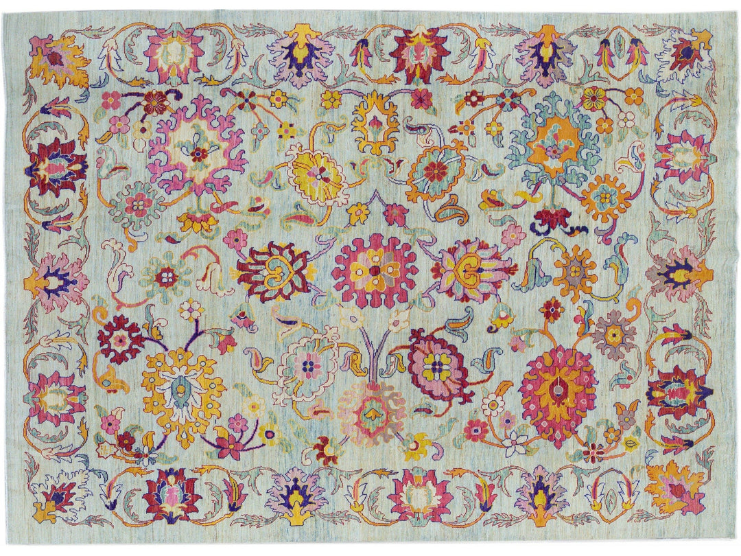 Modern Oushak Handmade Multicolor Floral Pattern Oversize Blue Wool Rug