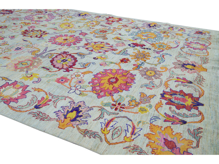 Modern Oushak Handmade Multicolor Floral Pattern Oversize Blue Wool Rug