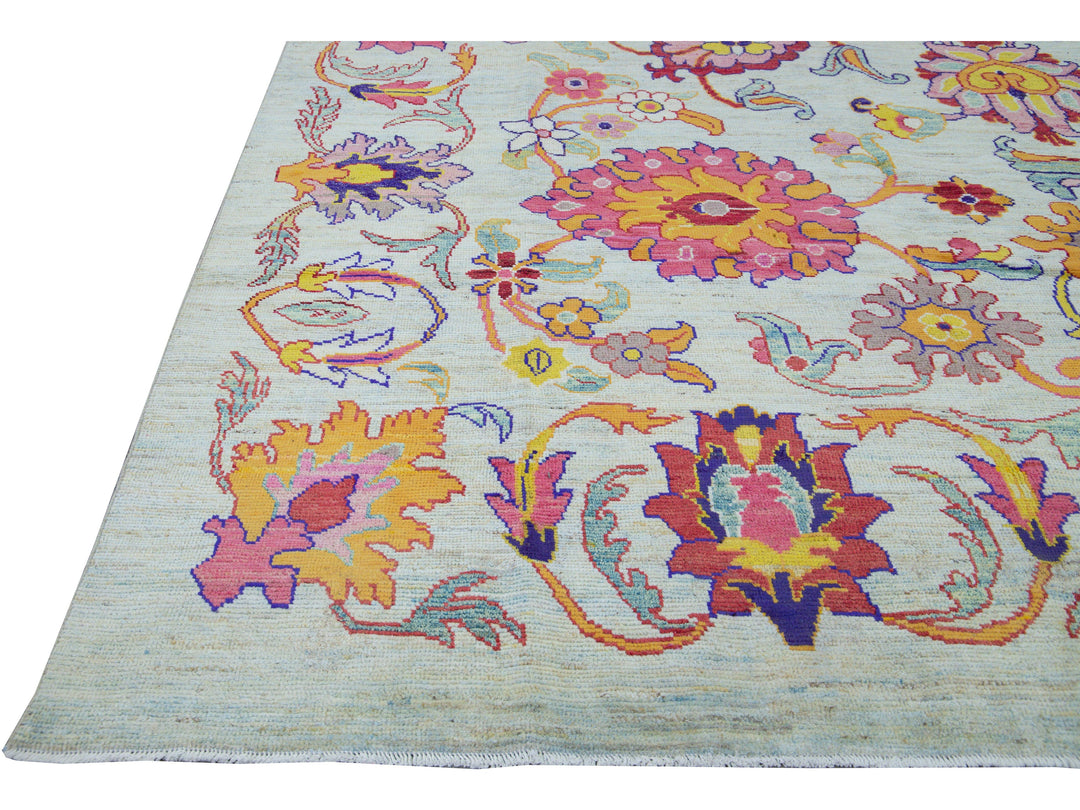 Modern Oushak Handmade Multicolor Floral Pattern Oversize Blue Wool Rug