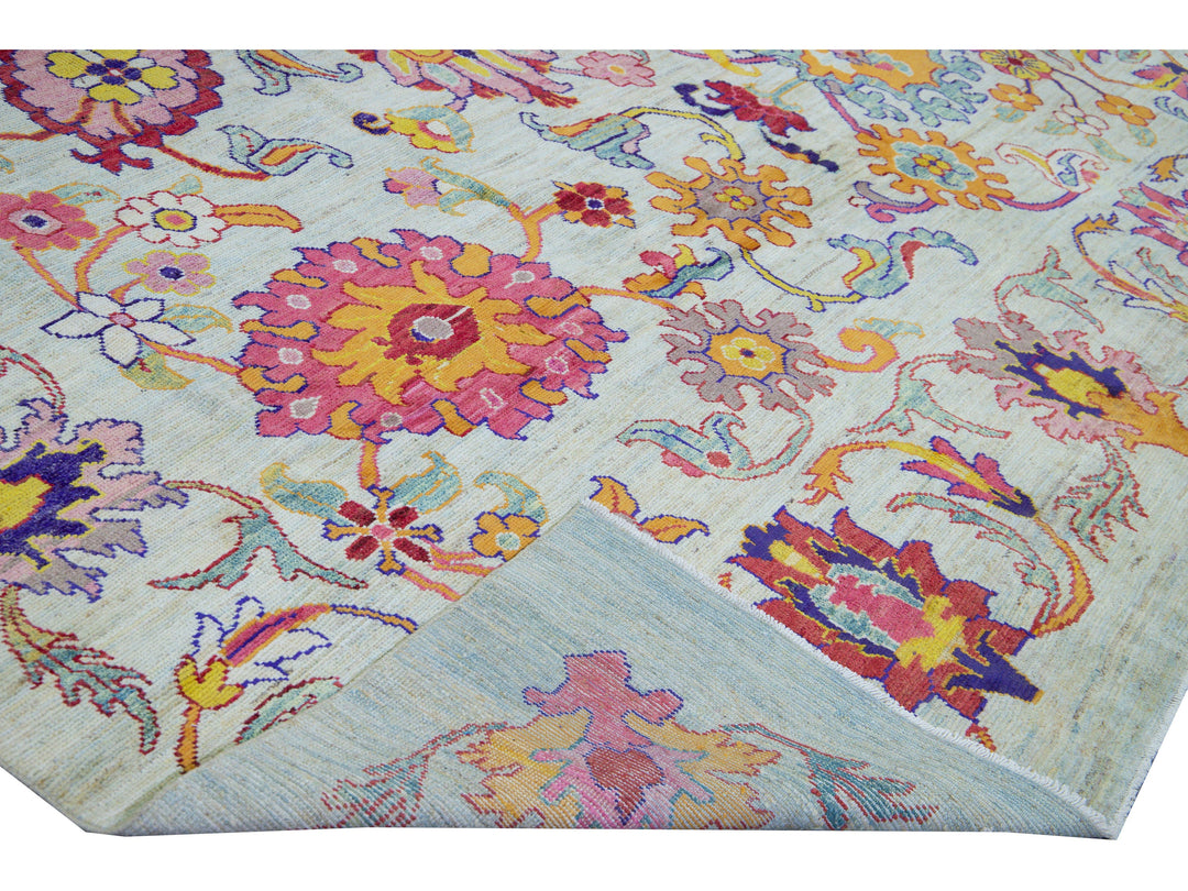 Modern Oushak Handmade Multicolor Floral Pattern Oversize Blue Wool Rug