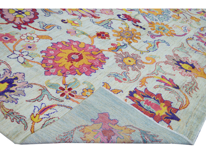 Modern Oushak Handmade Multicolor Floral Pattern Oversize Blue Wool Rug