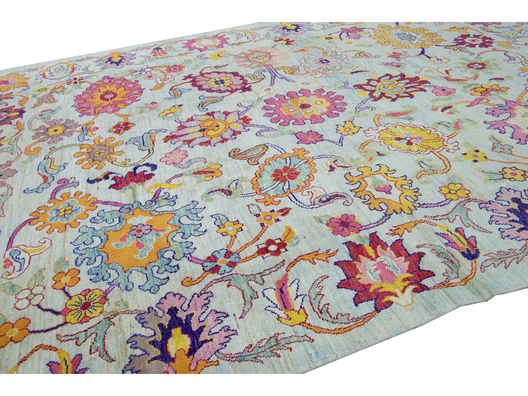 Modern Oushak Handmade Multicolor Floral Pattern Oversize Blue Wool Rug