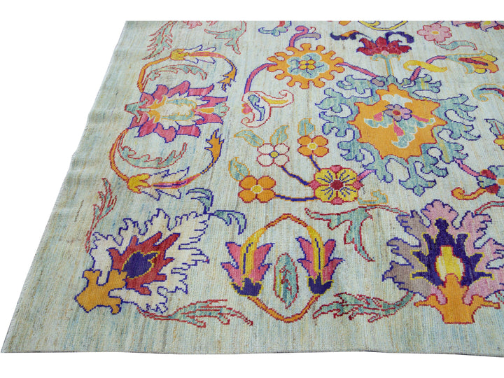 Modern Oushak Handmade Multicolor Floral Pattern Oversize Blue Wool Rug