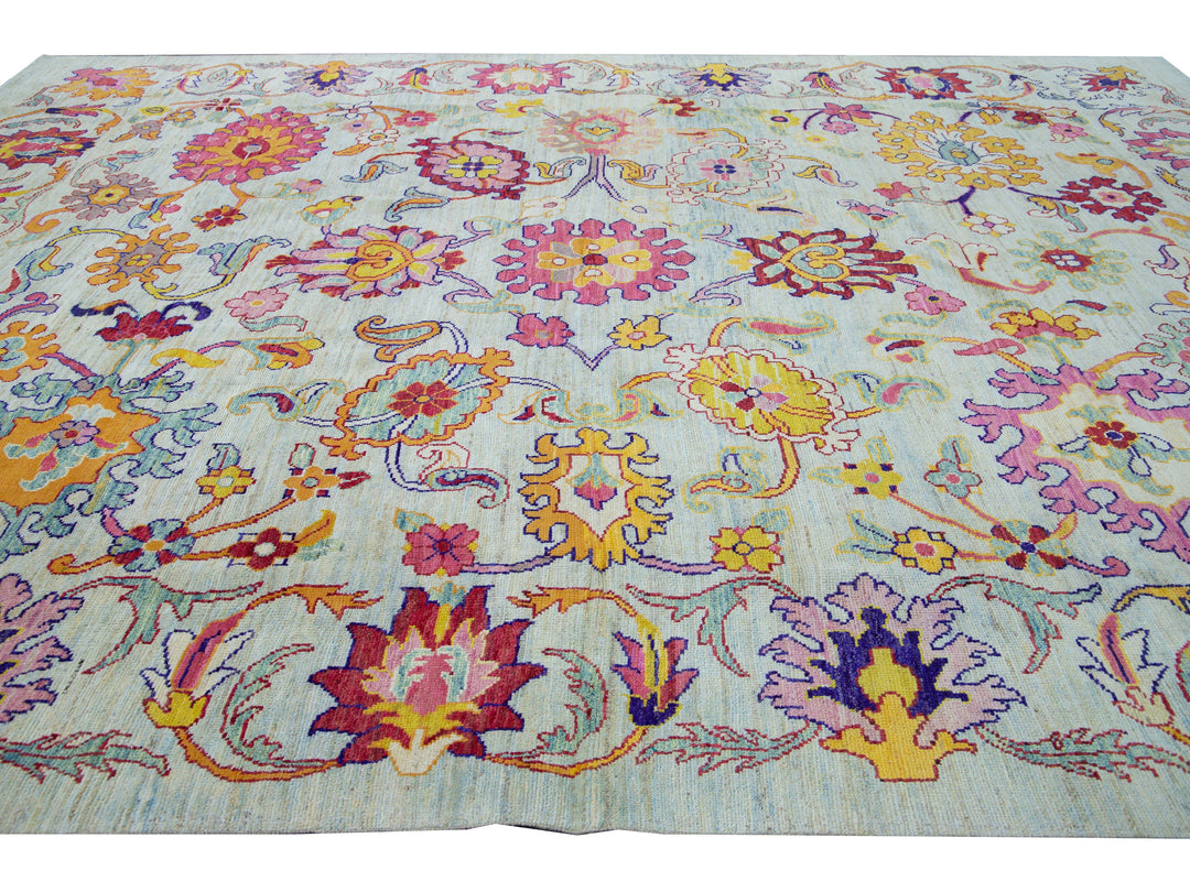 Modern Oushak Handmade Multicolor Floral Pattern Oversize Blue Wool Rug