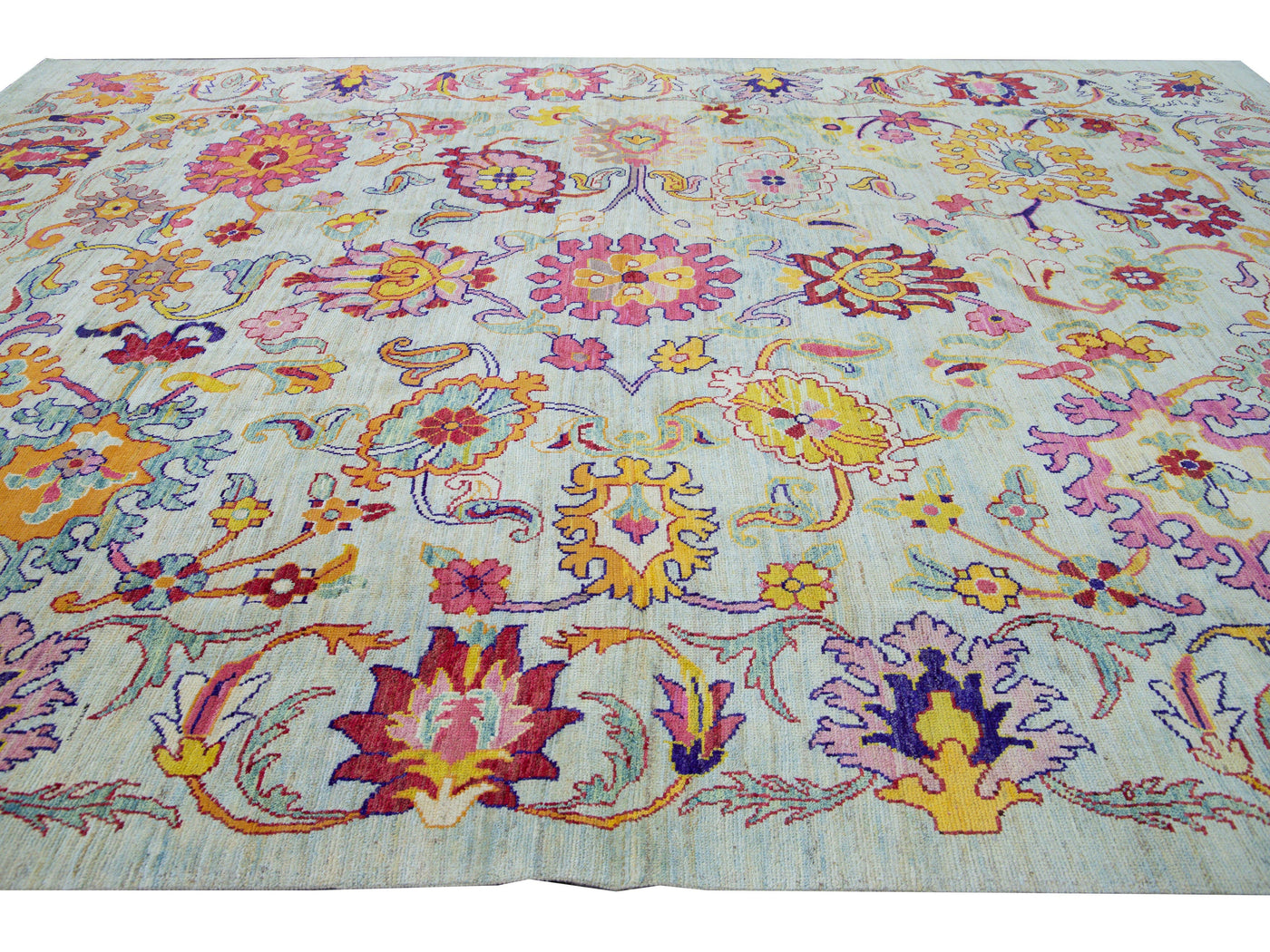 Modern Oushak Handmade Multicolor Floral Pattern Oversize Blue Wool Rug
