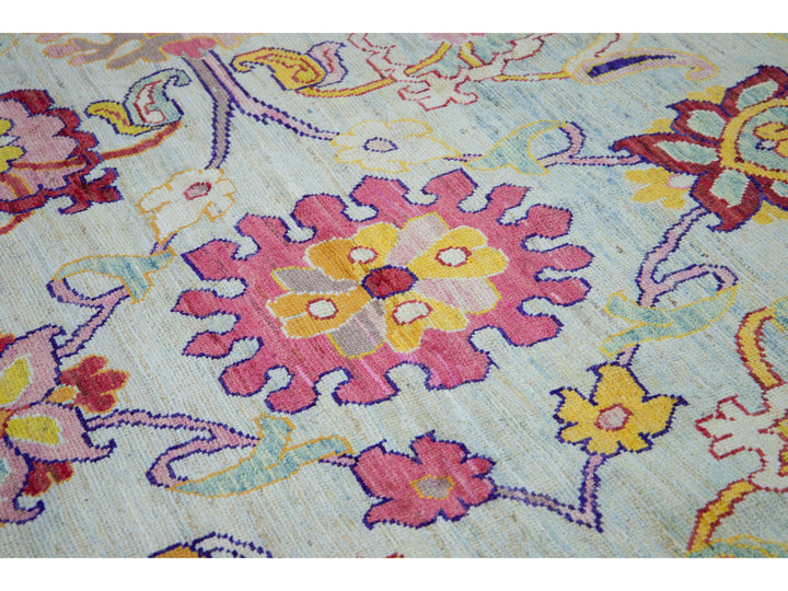 Modern Oushak Handmade Multicolor Floral Pattern Oversize Blue Wool Rug