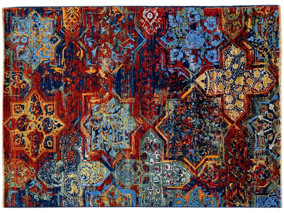 Modern Transitional Abstract Handmade Blue & Orange Silk Rug