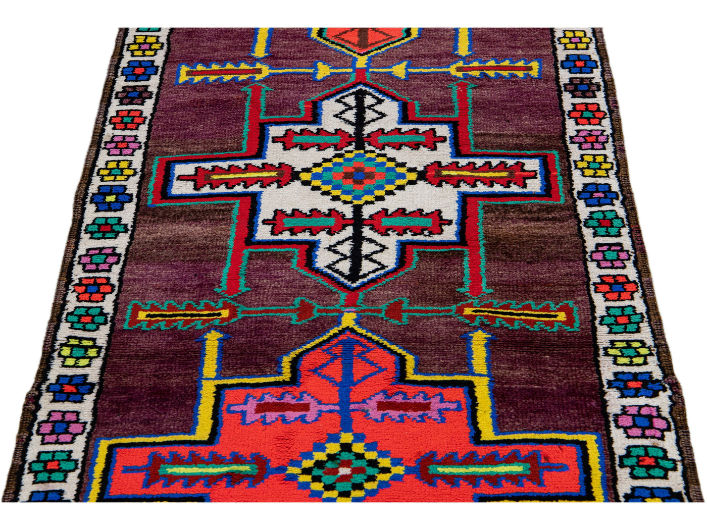 Vintage Geometric Turkish Handmade Purple Wool Runner