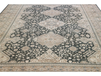 Antique Tabriz Persian Handmade Tribal Medallion Gray and Beige Wool Rug