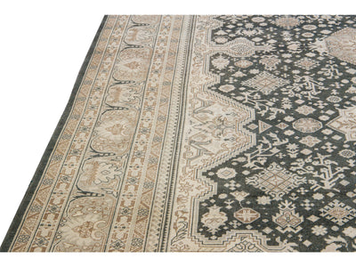 Antique Tabriz Persian Handmade Tribal Medallion Gray and Beige Wool Rug