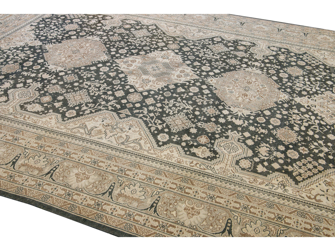 Antique Tabriz Persian Handmade Tribal Medallion Gray and Beige Wool Rug