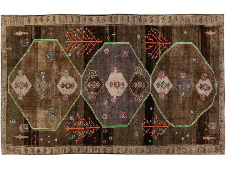 Vintage Turkish Kars Handmade Brown Tribal Designed Wool Rug