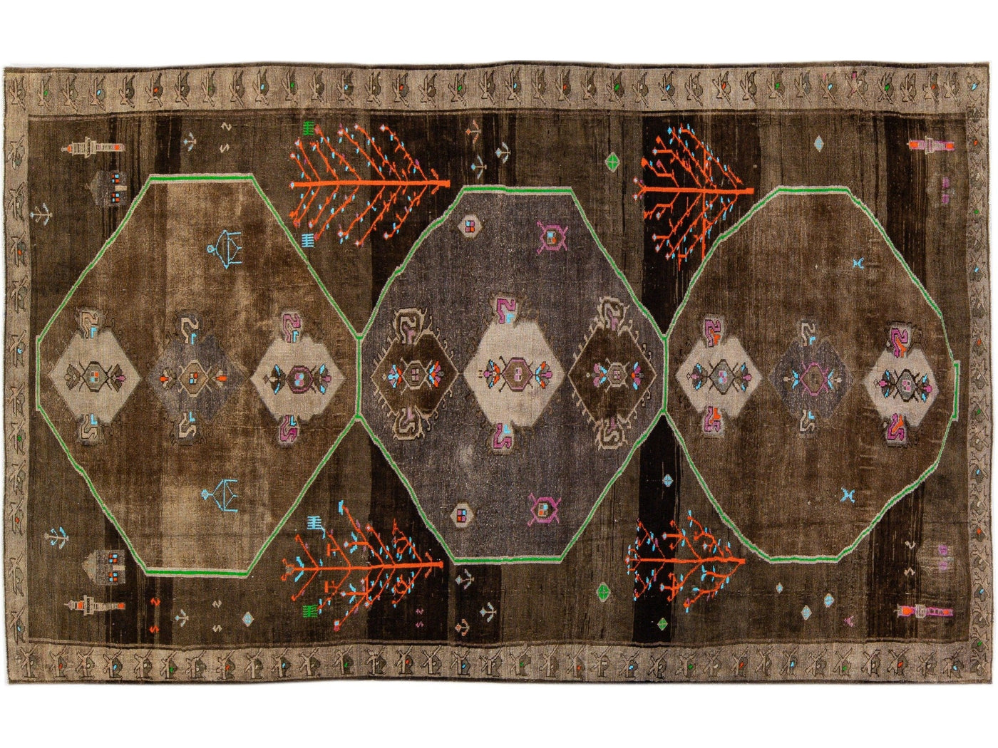 Vintage Turkish Kars Handmade Brown Tribal Designed Wool Rug