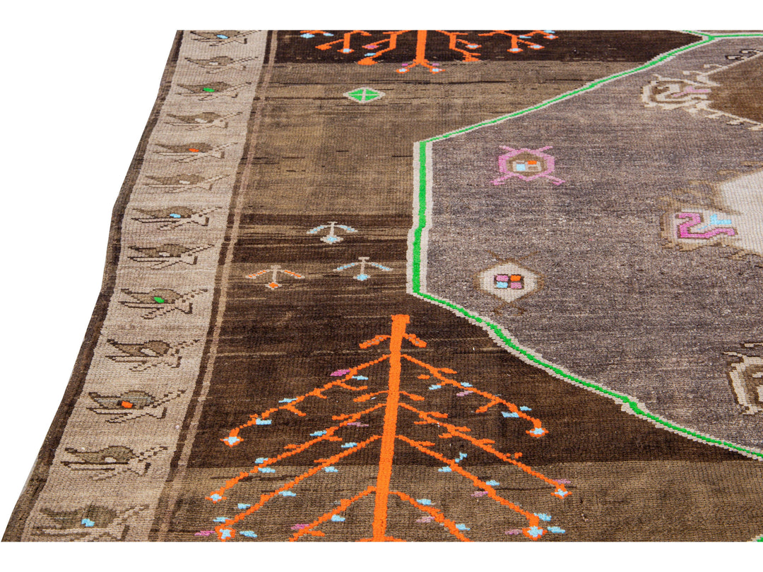 Vintage Turkish Kars Handmade Brown Tribal Designed Wool Rug