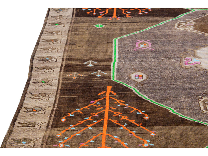 Vintage Turkish Kars Handmade Brown Tribal Designed Wool Rug