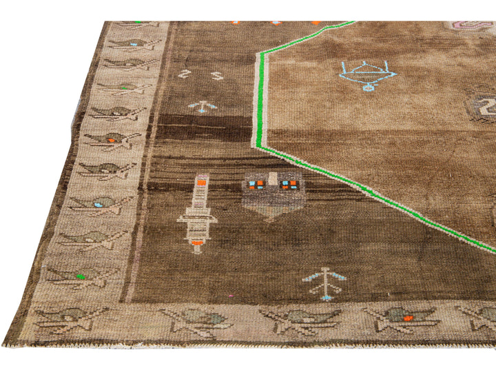 Vintage Turkish Kars Handmade Brown Tribal Designed Wool Rug