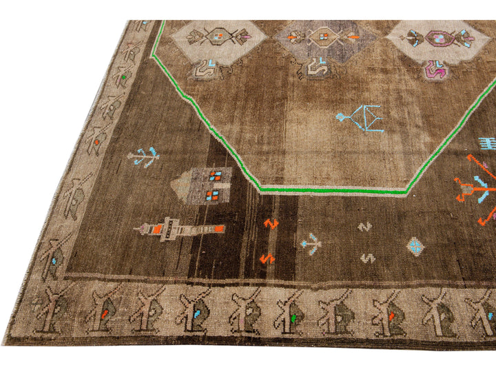 Vintage Turkish Kars Handmade Brown Tribal Designed Wool Rug