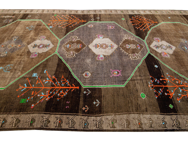 Vintage Turkish Kars Handmade Brown Tribal Designed Wool Rug