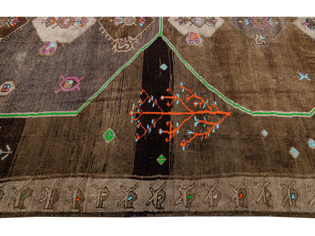 Vintage Turkish Kars Handmade Brown Tribal Designed Wool Rug