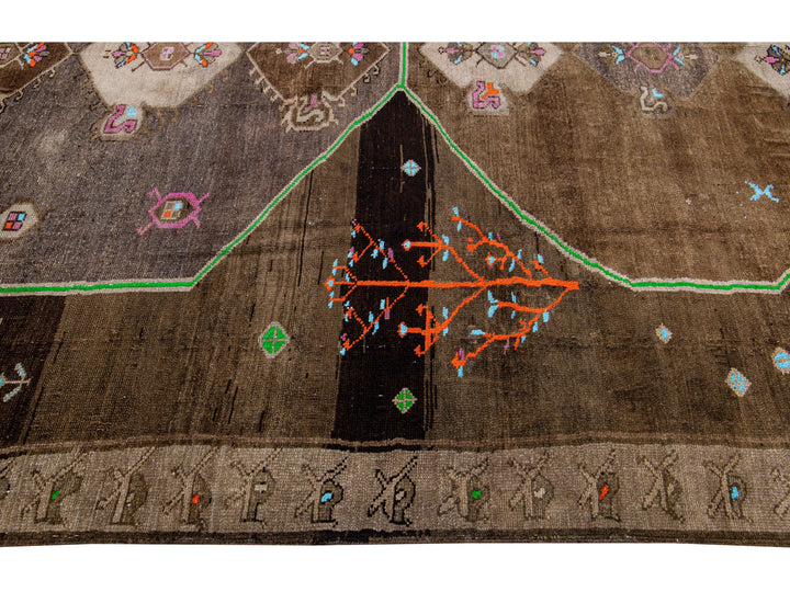 Vintage Turkish Kars Handmade Brown Tribal Designed Wool Rug