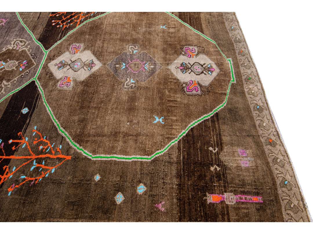 Vintage Turkish Kars Handmade Brown Tribal Designed Wool Rug