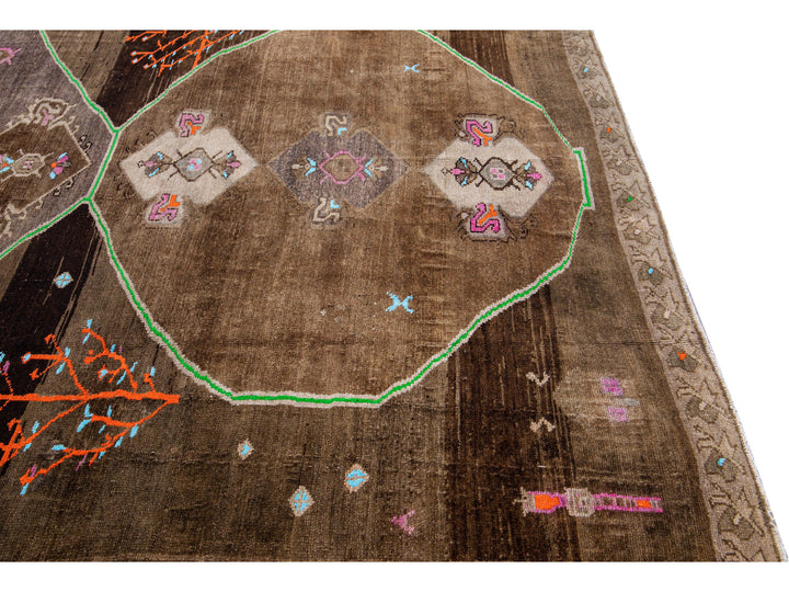 Vintage Turkish Kars Handmade Brown Tribal Designed Wool Rug