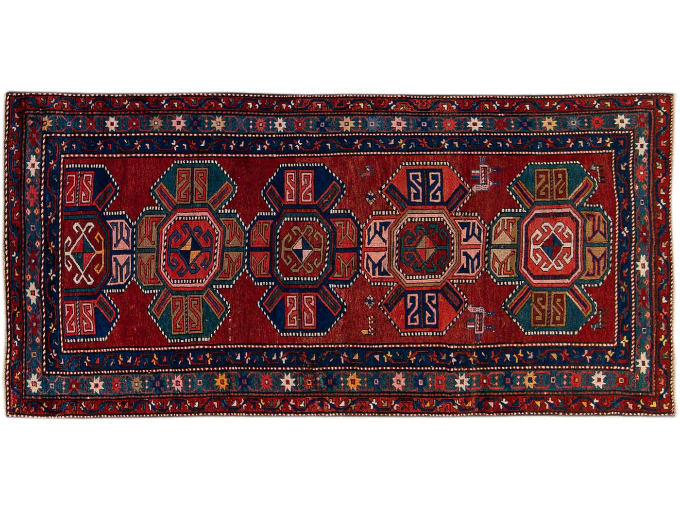 19th Century Kazak Multicolor Tribal Motif Red Wool Runner