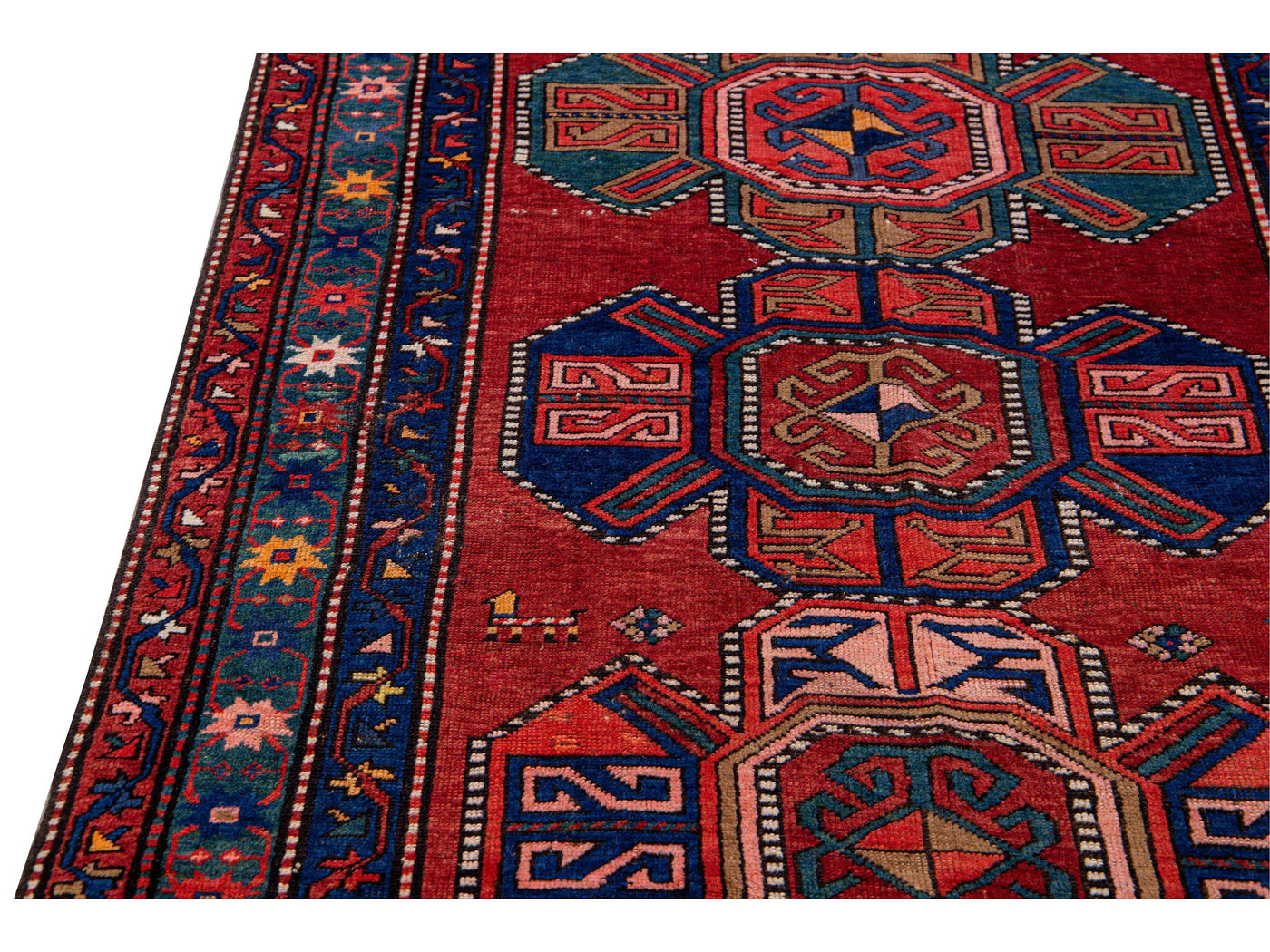 19th Century Kazak Multicolor Tribal Motif Red Wool Runner