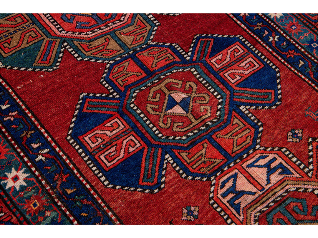 19th Century Kazak Multicolor Tribal Motif Red Wool Runner