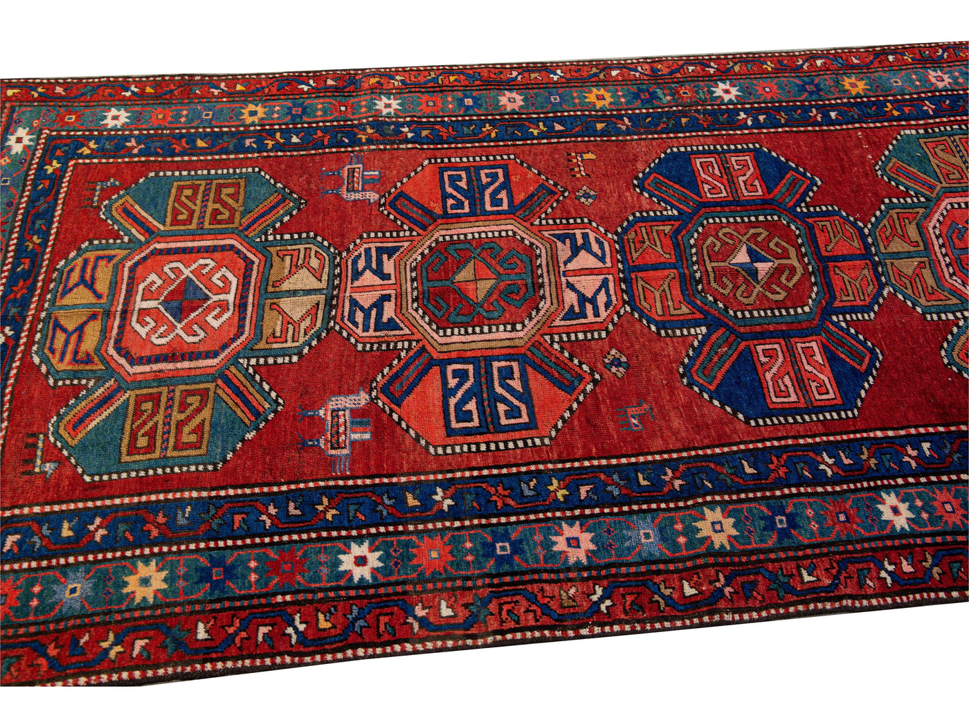 19th Century Kazak Multicolor Tribal Motif Red Wool Runner