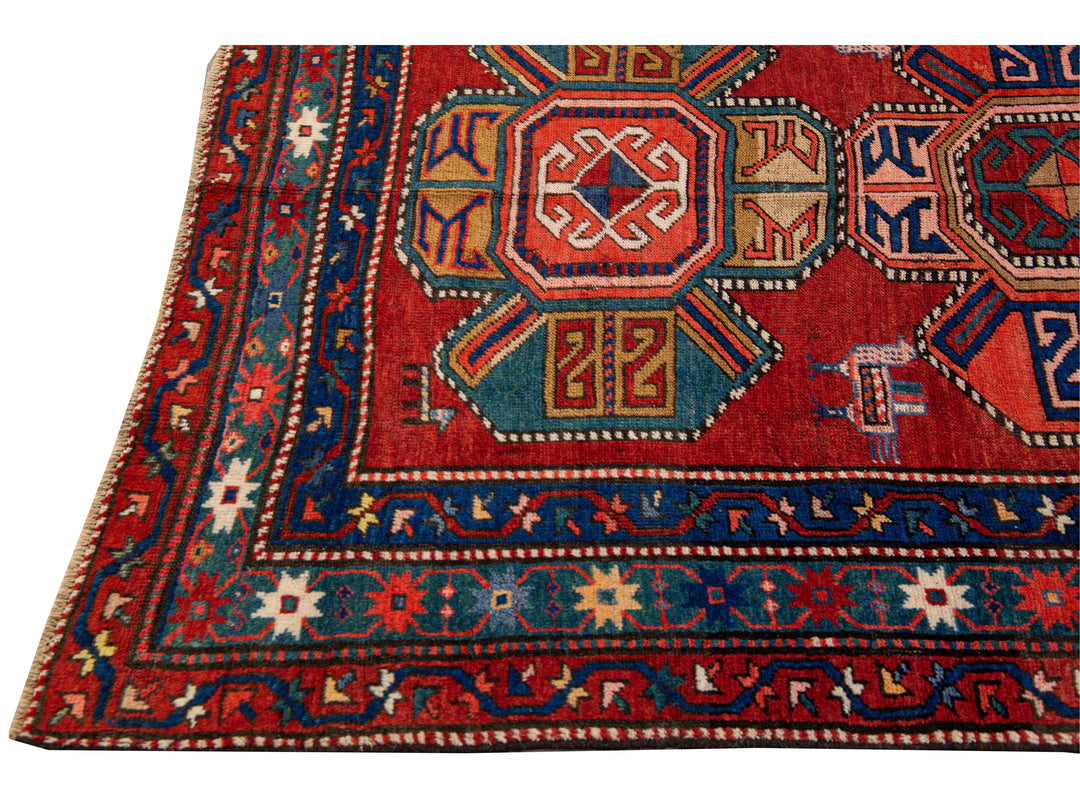 19th Century Kazak Multicolor Tribal Motif Red Wool Runner