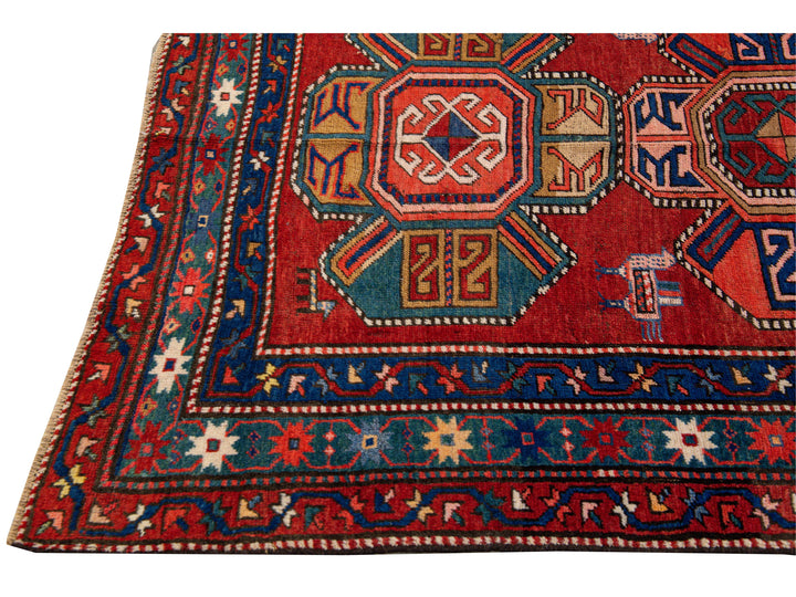 19th Century Kazak Multicolor Tribal Motif Red Wool Runner