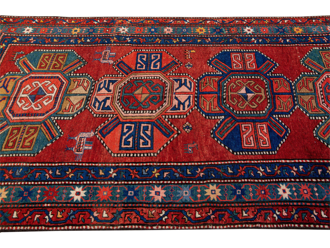 19th Century Kazak Multicolor Tribal Motif Red Wool Runner