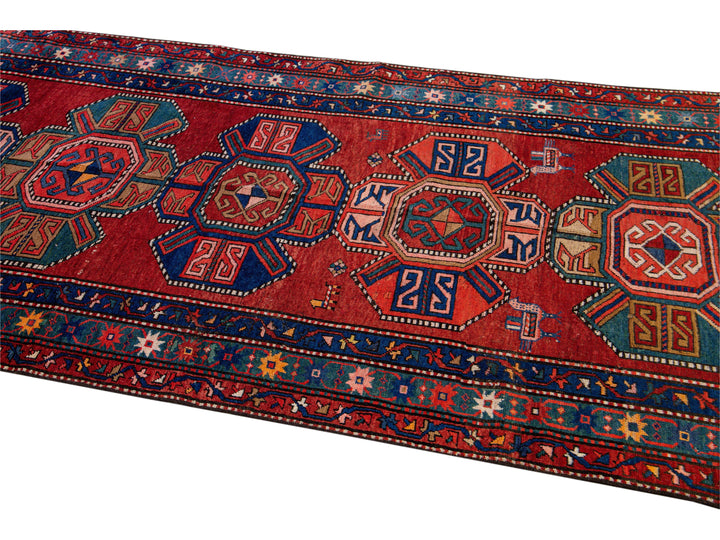 19th Century Kazak Multicolor Tribal Motif Red Wool Runner